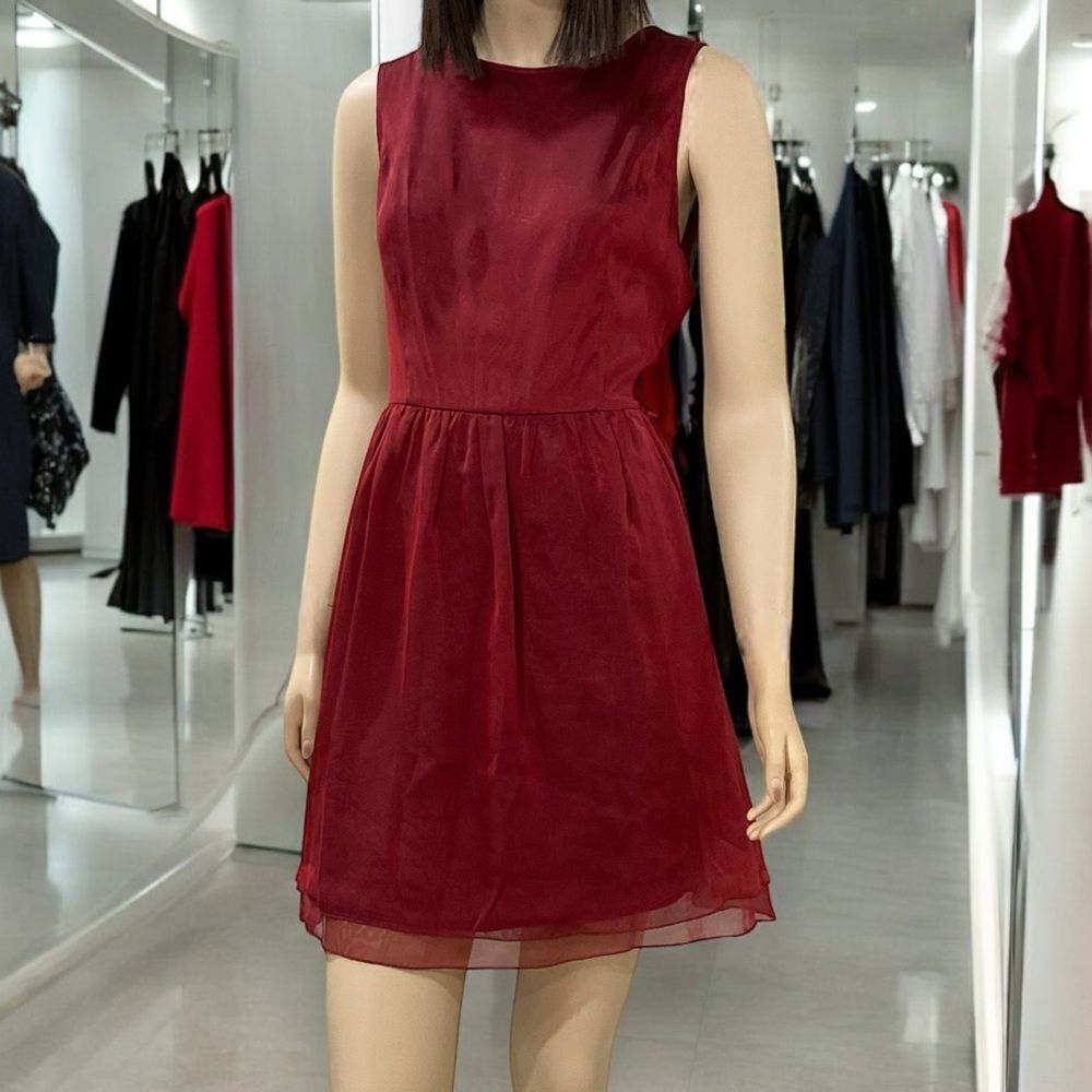 Garnet Red Sleeveless Satin Fit & Flare Above Knee Formal Dress - NEW